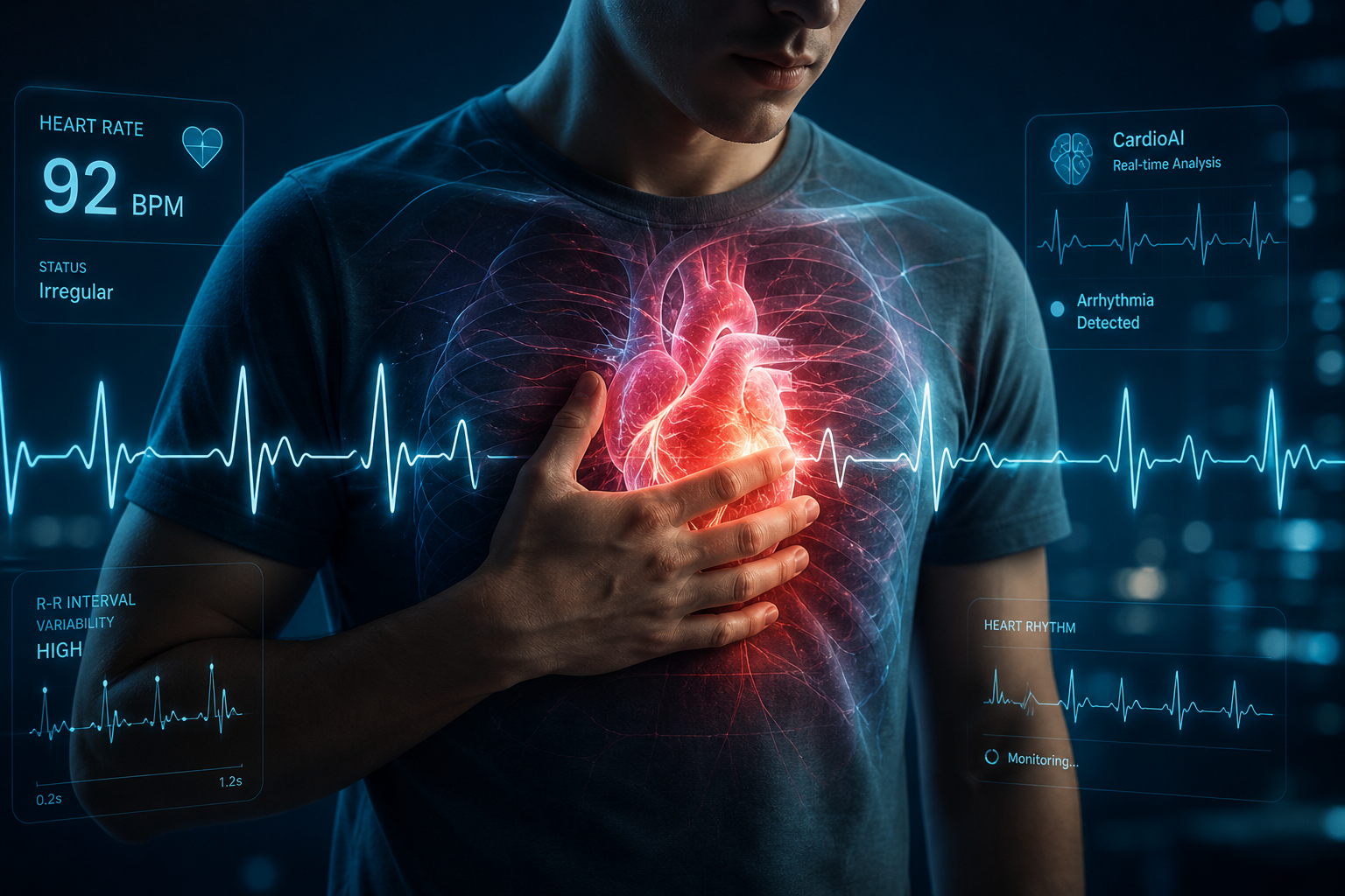 Kołatanie serca – ilustracja medyczna CardioAI z sercem, EKG i technologiczną analizą objawów