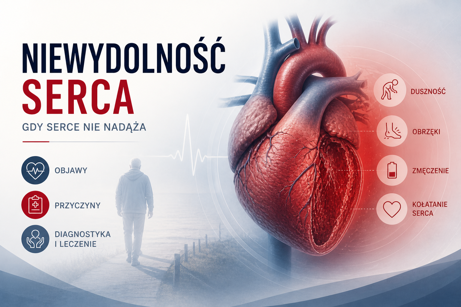 Niewydolność serca – ilustracja medyczna serca, układu krążenia i objawów choroby
