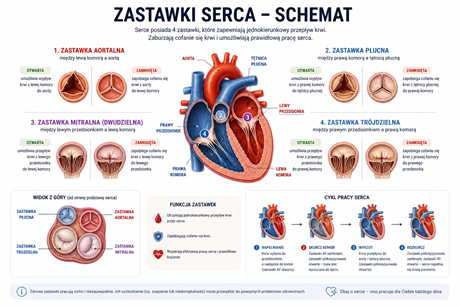 Schemat zastawek serca – zastawka mitralna, aortalna, trójdzielna i płucna